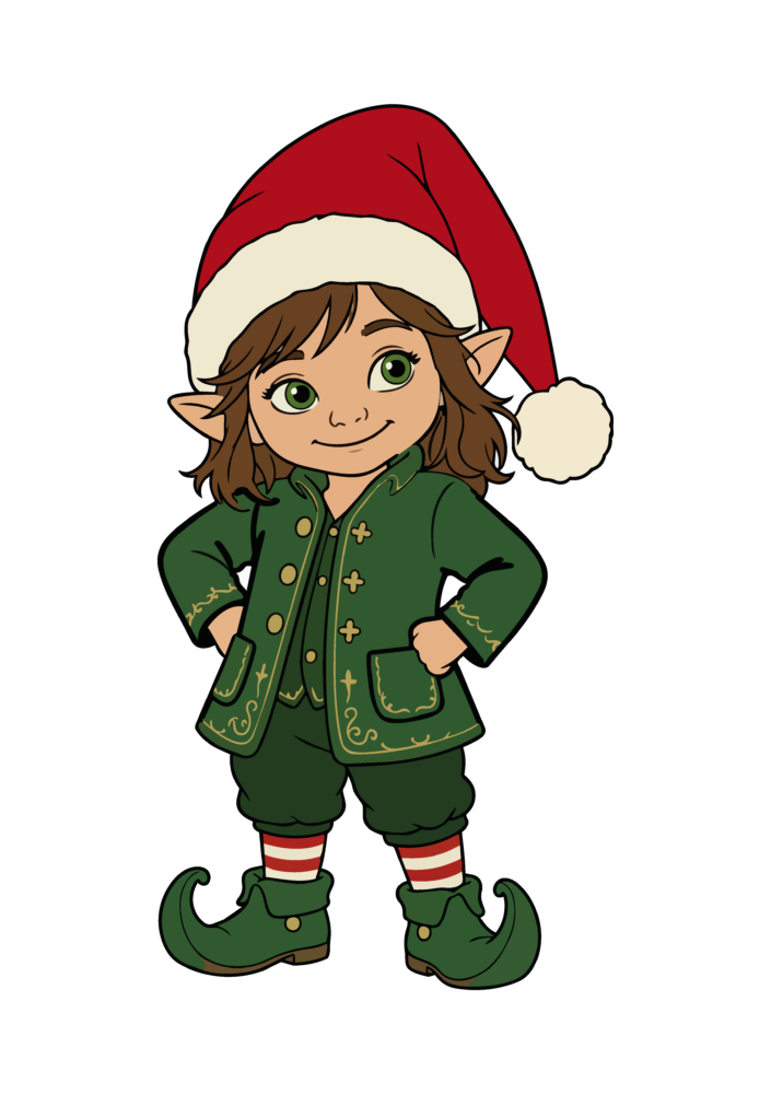 Illustration eines kleinen Elfenkindes mit roter Weihnachtsmütze und grünem Outfit.
