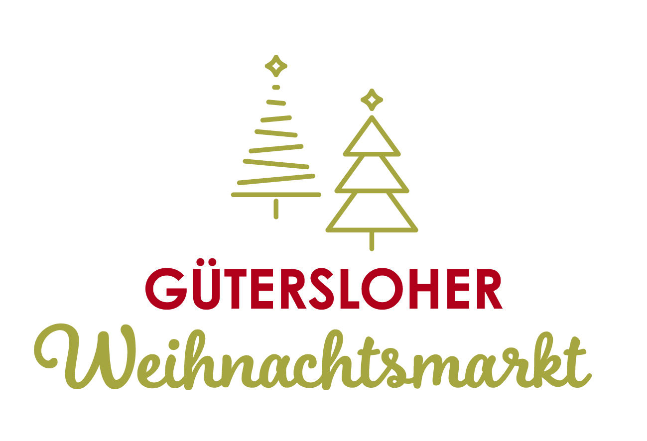 Logo des Gütersloher Weihnachtsmarkts mit stilisierten Weihnachtsbäumen auf weißem Hintergrund.